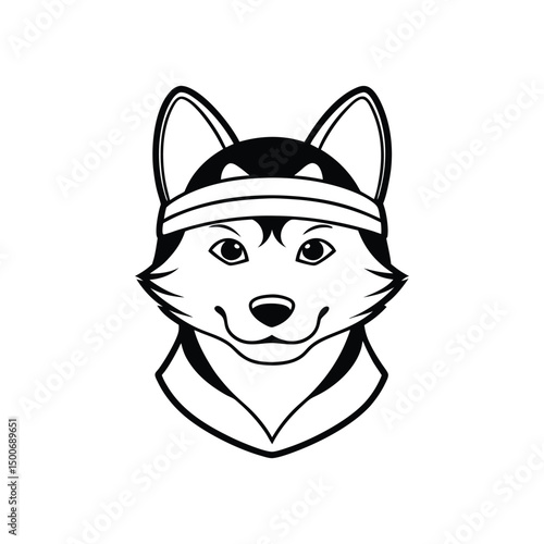 Line art illustration of a husky face with a ninja headband.eps