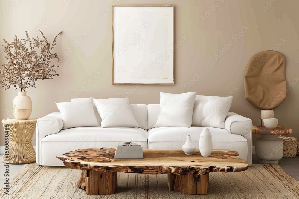 Fototapeta premium A warm living room setting featuring a white sofa, natural wood coffee table, and neutral tones