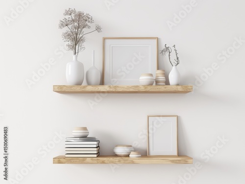 Wallpaper Mural Two wooden shelves display a variety of decorative items and empty frames Torontodigital.ca