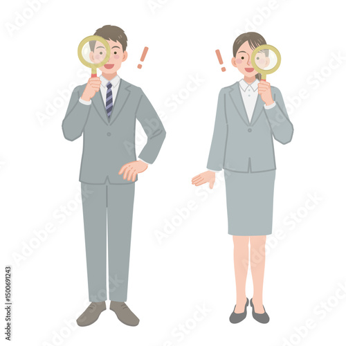 虫眼鏡を持つビジネスパーソンのイラスト