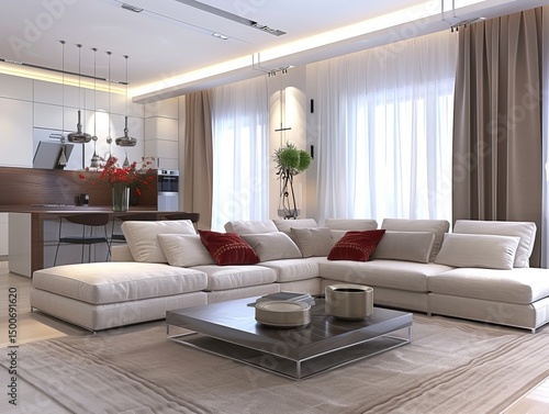 The picture shows an elegant white living room with modern furnishings and chic red accents