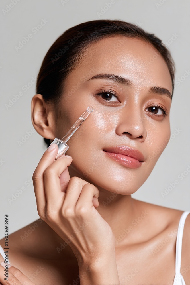 Close-up of woman applying serum to face Close-up of woman applying serum to face