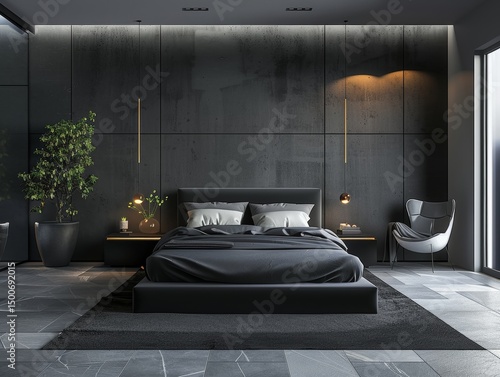 Sleek minimalist bedroom featuring dark color palette and ambient lighting for a modern look