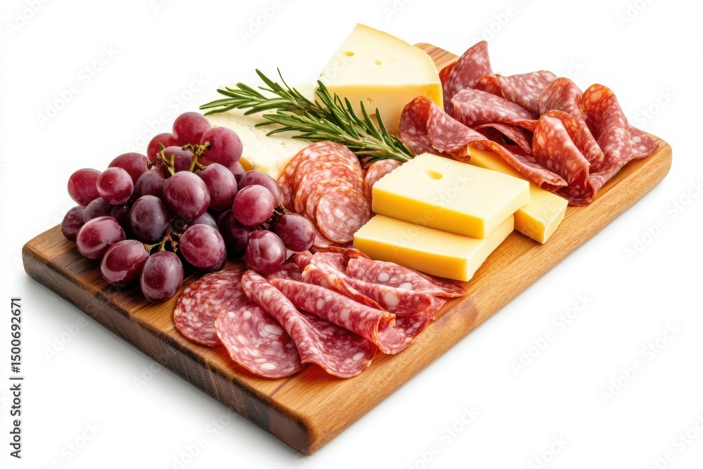 Charcuterie board with assorted cheese meat and grapes isolated on white background Charcuterie board with assorted cheese meat and grapes isolated on white background