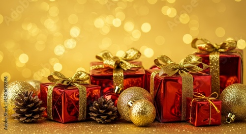 Festive Christmas Gifts in Red and Golden Hues with Bokeh Photo