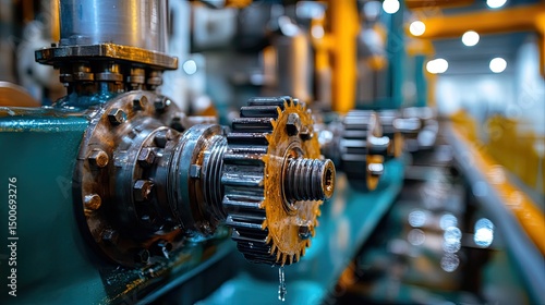 Close up of industrial gears with oil dripping on a teal machine in a factory setting