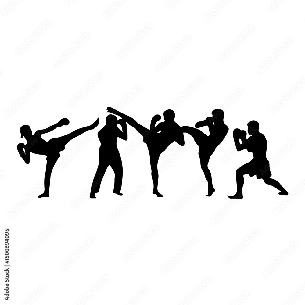 Obraz premium Silhouettes of men and women performing martial arts moves and fighting stances, captured mid-action to emphasize strength, technique, and discipline on a white background.