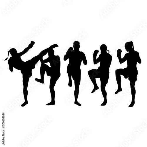 Silhouettes of men and women performing martial arts moves and fighting stances, captured mid-action to emphasize strength, technique, and discipline on a white background.