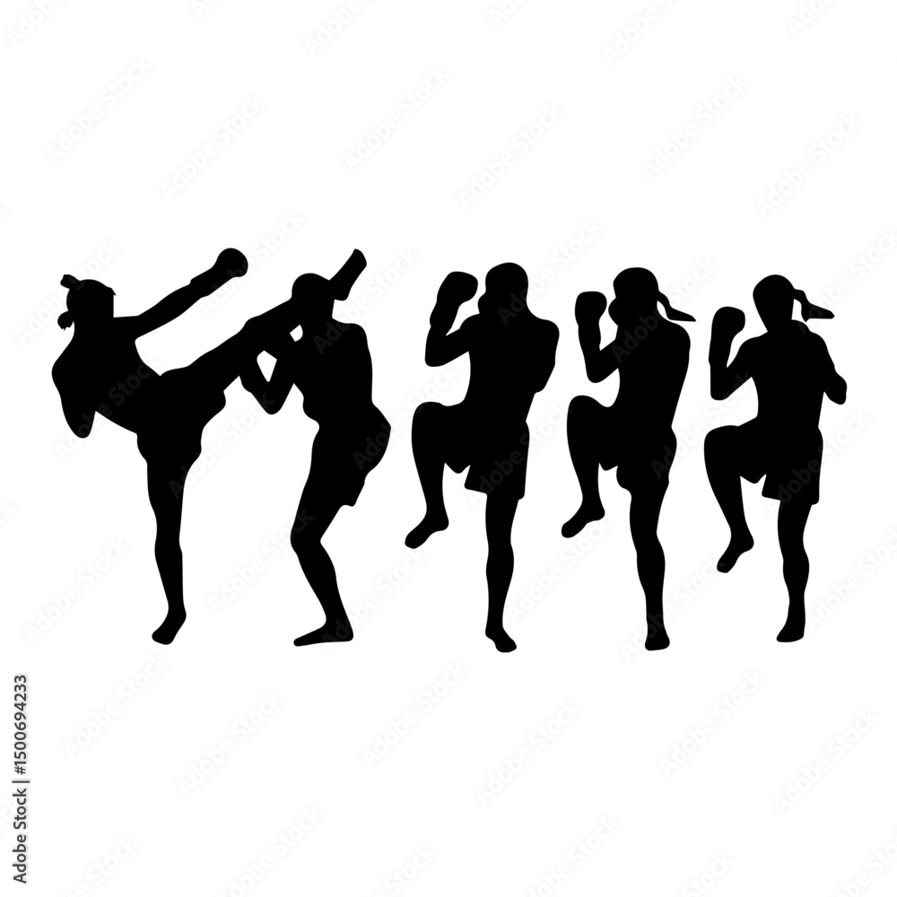 Obraz premium Silhouettes of men and women performing martial arts moves and fighting stances, captured mid-action to emphasize strength, technique, and discipline on a white background.