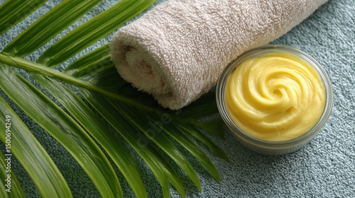 Creamy yellow balm in glass bowl, soft towel, green palm leaf on teal textile background, representing spa, wellness, or skincare product