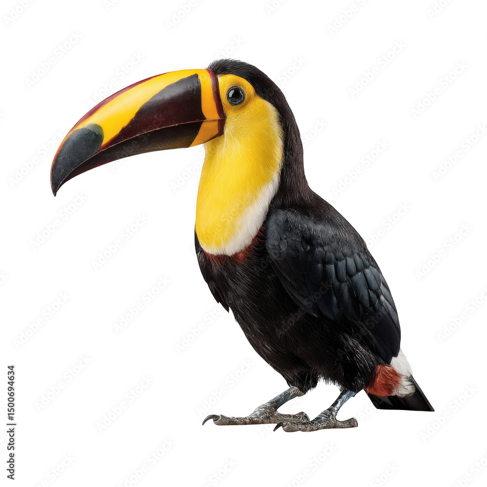 A standing channel billed toucan with a large yellow and black beak on a transparent background image A standing channel billed toucan with a large yellow and black beak on a transparent background image