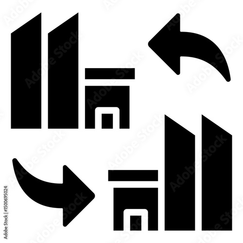 Industry Exchange - Glyph Black Fill Silhouette Icon - Arrows between buildings, representing workforce transition, job migration, or inter-industry movement