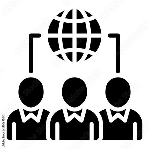 Global Team - Glyph Black Fill Silhouette Icon - Three people connected to a globe, symbolizing global collaboration, career networking, and remote teamwork