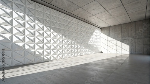 Sunlit Concrete Room with Geometric Wall Panels, Interior Design, Architectural Photography , concrete wall, 3d wall panel
