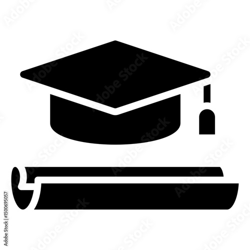 Graduation Pathway - Glyph Black Fill Silhouette Icon - A graduation cap and diploma scroll, symbolizing educational achievement and academic completion
