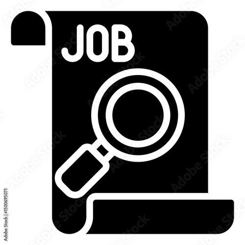 Job Search - Glyph Black Fill Silhouette Icon - Job listing scroll with magnifying glass, representing employment search and job hunting tools
