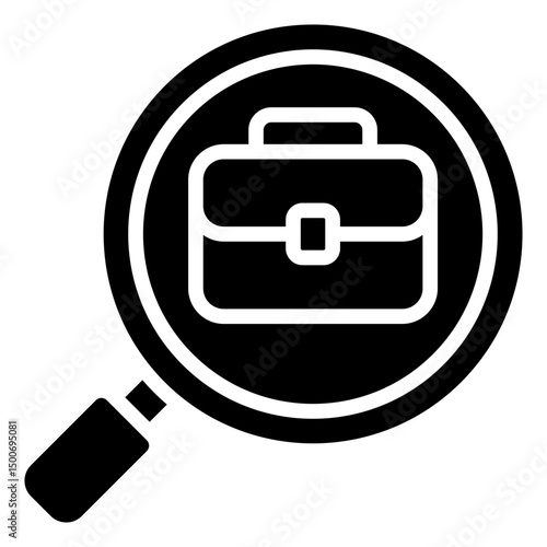 Job Find and Searching - Glyph Black Fill Silhouette Icon - Magnifying glass over a briefcase, representing active job hunting and employment discovery
