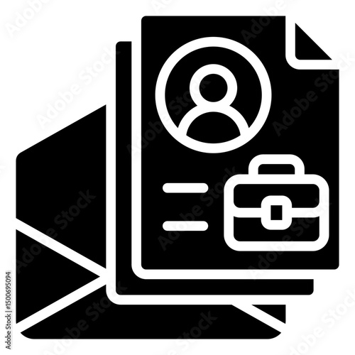 Job Submission - Glyph Black Fill Silhouette Icon - Envelope with resume and briefcase, showing resume delivery, online application, or job proposal
