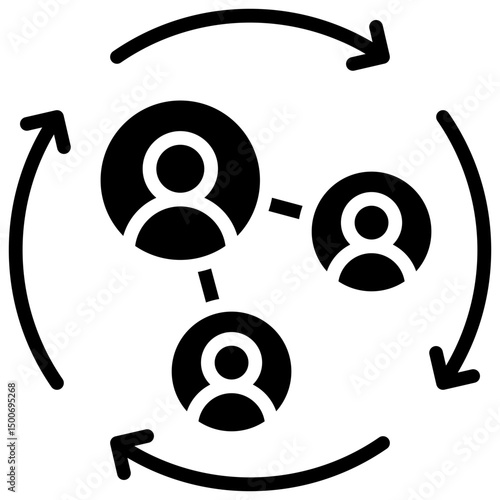 Career Network - Glyph Black Fill Silhouette Icon - Connected user icons in a circular flow, representing peer networking, collaboration, and career exchange