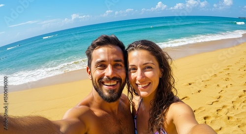Happy Couple Taking A Selfie At The Beach Under Blue Sky In Summer Photo