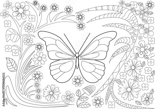 Butterfly and Flowers Coloring Page, An intricate black and white line art illustration of a butterfly surrounded by various flowers and decorative elements, designed as a coloring page for kids and 