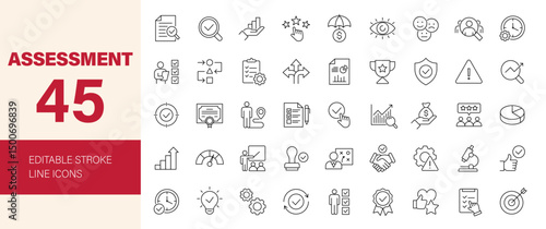 Assessment icon set. Containing audit, analysis, plan, evaluation, goal, result, quality, management and more. Editable line icons. Vector illustration.