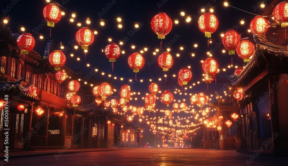 Night Street Scene with Illuminated Red Lanterns Night Street Scene with Illuminated Red Lanterns