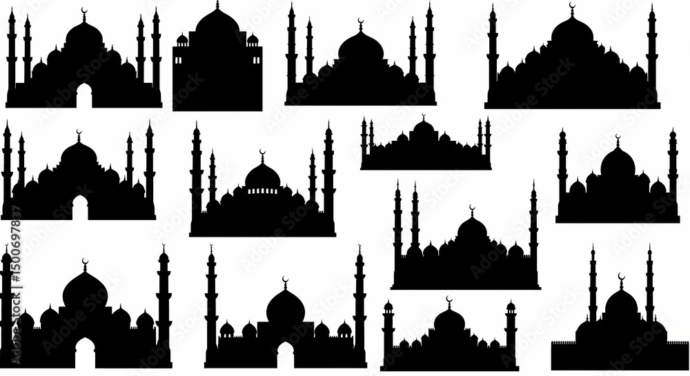 Obraz premium Silhouettes of various mosque shapes on white background, generative ai.