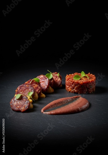 Gourmet Food Arrangement Dark Background with Sausage and Delicious Presentation Photo