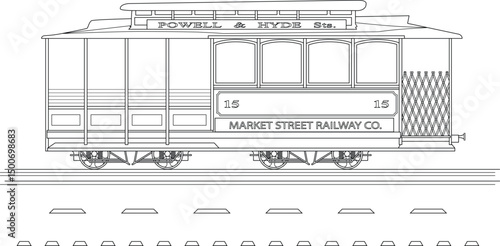 Market Street Railway Co. Cable Car Line Art, Black and white line drawing of a historic Market Street Railway Co. street car, likely from San Francisco, California. Features details like the 