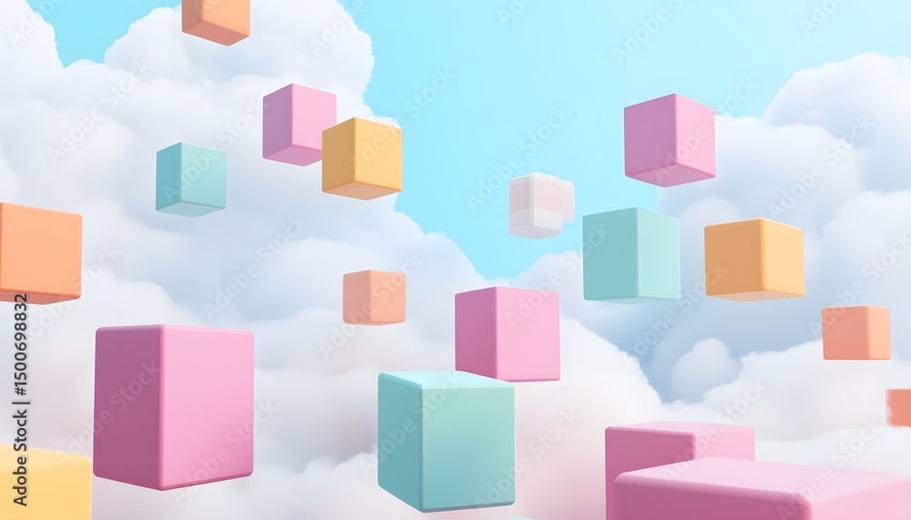 Pastel colored cubes floating amidst fluffy clouds. Pastel colored cubes floating amidst fluffy clouds.