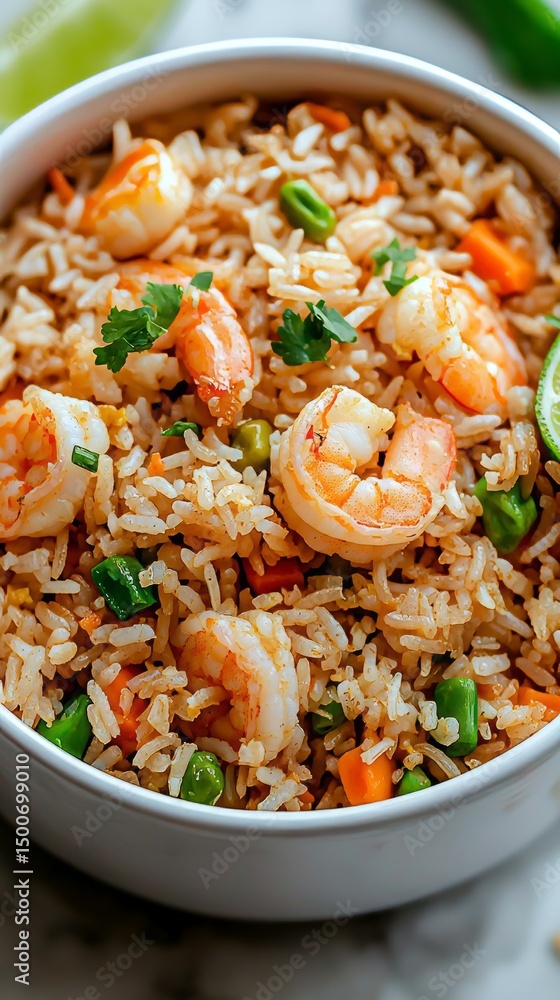A bowl of shrimp fried rice garnished with vegetables and herbs. A bowl of shrimp fried rice garnished with vegetables and herbs.