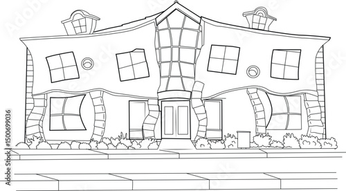 Whimsical Pediatric and Adolescent Medical Clinic Line Art, Black and white line art drawing of a friendly and whimsical building facade, suggesting a children's or adolescent medical clinic in 