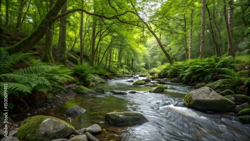 A serene forest stream with crystal-clear water gently flowing over smooth rocks, highlighting nature’s peaceful rhythms.