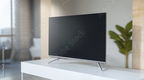 Sleek flat-screen TV displayed on minimalist white shelf, modern home entertainment and technology concept for living room interior design.