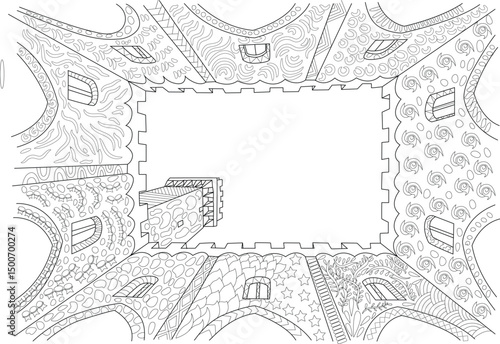 Abstract Fantasy Castle Line Art Illustration, Detailed black and white line art illustration of a fantastical, abstract castle or building structure viewed from below. Features intricate patterns, 