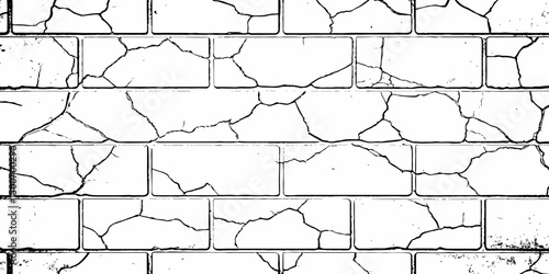  Abstract white brick wall with black grout lines shows a cracked and aged texture,  and tear on the surface of the brick pattern