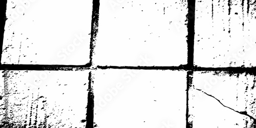  Abstract white brick wall with black grout lines shows a cracked and aged texture,  and tear on the surface of the brick pattern