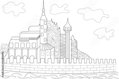 Fantasy Castle River Line Art for Coloring, Detailed line art illustration of a fantasy castle with towers and walls along a riverbank, with clouds in the sky. Perfect for coloring books, children's 