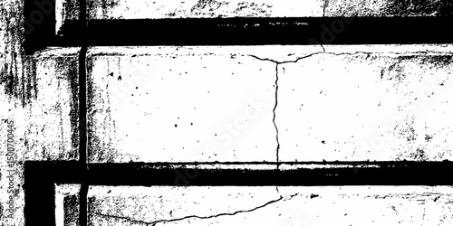  Abstract white brick wall with black grout lines shows a cracked and aged texture,  and tear on the surface of the brick pattern