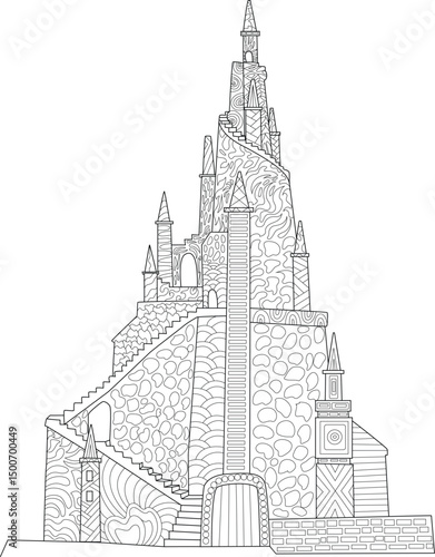 Intricate Fantasy Castle Line Art Illustration, Detailed black and white line drawing of a complex, whimsical fantasy castle featuring towers, stairs, and intricate patterns. Ideal for adult 