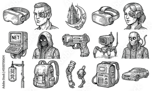 Cyberpunk Hand Drawn Tech Set
