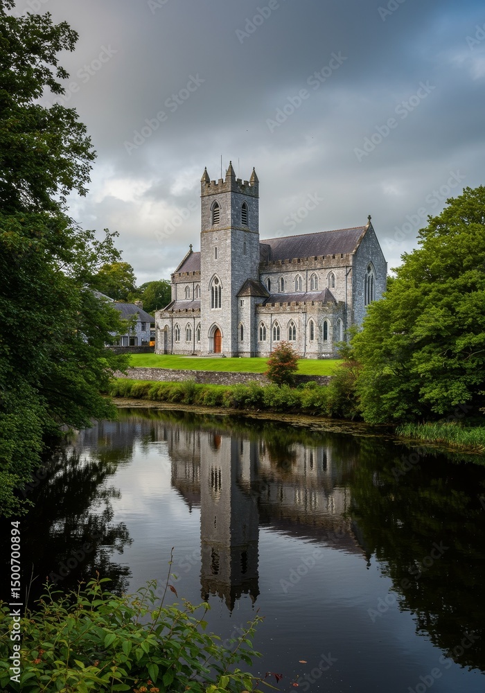 Fototapeta premium Historic Stone Church And Its Reflection On The Water Under Cloudy Sky Photo