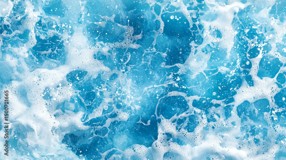 aerial view of turquoise ocean water with splashes and foam for abstract natural background and texture