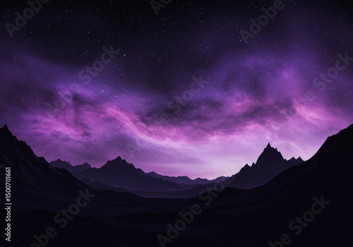 Illustration of a Night Sky Aurora Landscape with Purple Hues and Mountain Silhouettes