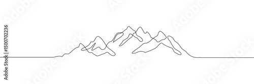 One continuous line drawing of mountain range landscape. Web banner with mounts in simple linear style. Adventure winter sports concept isolated on white background. Doodle vector illustration. EPS10 