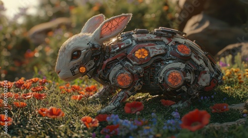 Futuristic mechanical rabbit amidst vibrant blooms, a fusion of nature and robotics