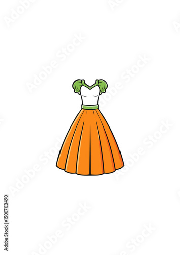 green leaves, white skirt border, in a classically decorated room. 1 mini skirt for young girls, light pink, tigon flowers on the skirt, blue border. 2 dresses, 1 pink, 1 red, on the dress there a
