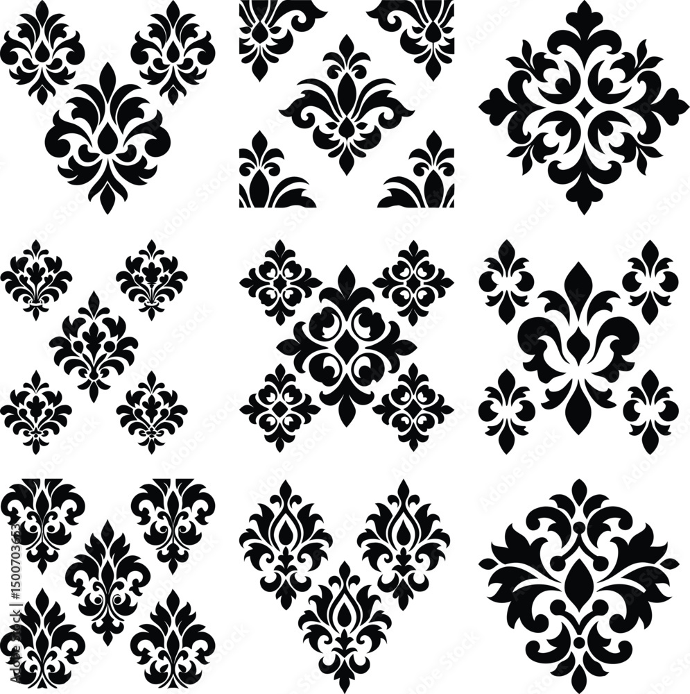 Intricate black damask elements featuring a classic fleur de lis motif create nine ornate patterns