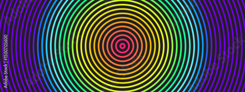 Colorful concentric circles forming a vibrant spiral. Rainbow pattern creates a hypnotic radial effect on dark background. Abstract vector illustration with gradient hues.
